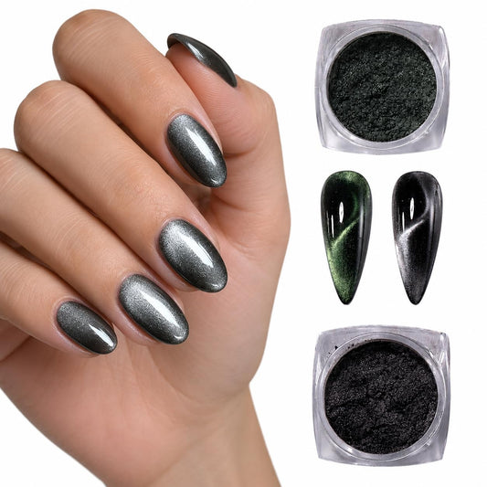 S.A.V.I Cat Eye Magnetic Nail Powder Set Green & Silver 2x5g | DIY Chrome Pigment, Shimmer Effect, Mix 1:1 Formula, Salon & Home Use, 2 Jars Included