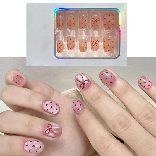 S.A.V.I Reusable Press-On Nails for Women, Short Natural Shape, Pink Cat Eye Finish with Red Polka Dots & Bow Design, Glossy ABS Manicure Set 30 Pcs with Glue & Adhesive Tabs