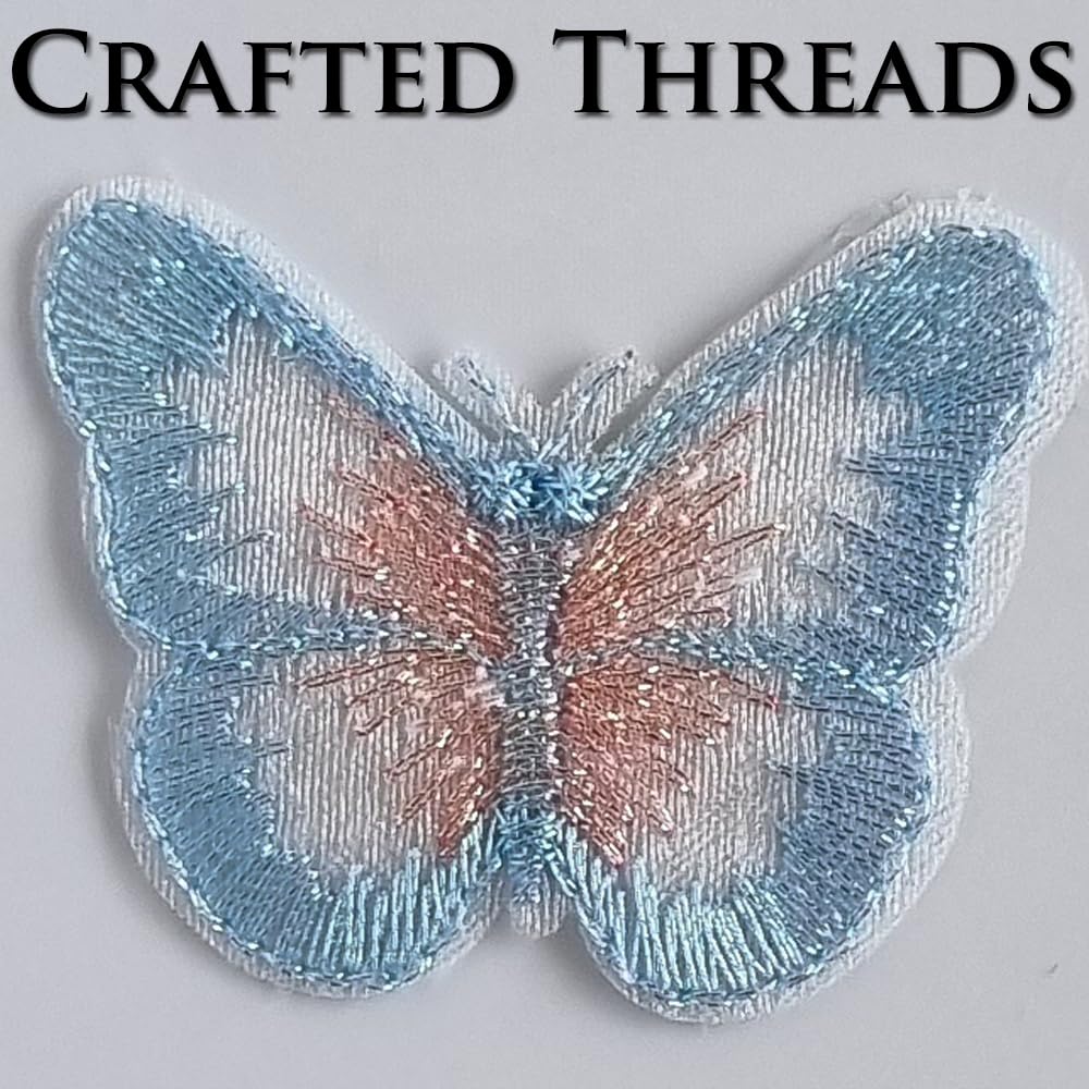 S.A.V.I 6 Pcs Butterfly Embroidered Sew-On Patches, Light Blue & Pink Threadwork on Sheer Mesh Fabric, 4.4 x 3.5 cm Decorative Appliqué for Dresses, Blouses, DIY Craft & Accessories (Blue-Pink)