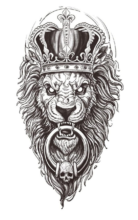 S.A.V.I Temporary Tattoo Stickers, Crown on Lion Ring in Mouth Tattoo Pattern For Men, Women, Tattoo For Hand Arm, Size 21x11cm - 1Pc.