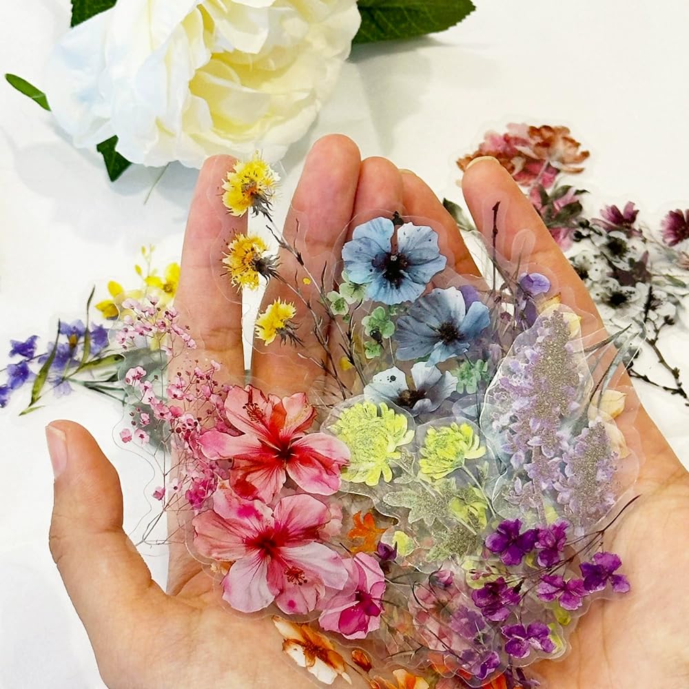 S.A.V.I Floral Transparent PET Stickers – 50 Sheets | Waterproof Matte UV | Multicolour Botanical Flowers (3–6 cm) | DIY Decor for Glass Cups, Bottles, Phone Covers, Journals & Crafts