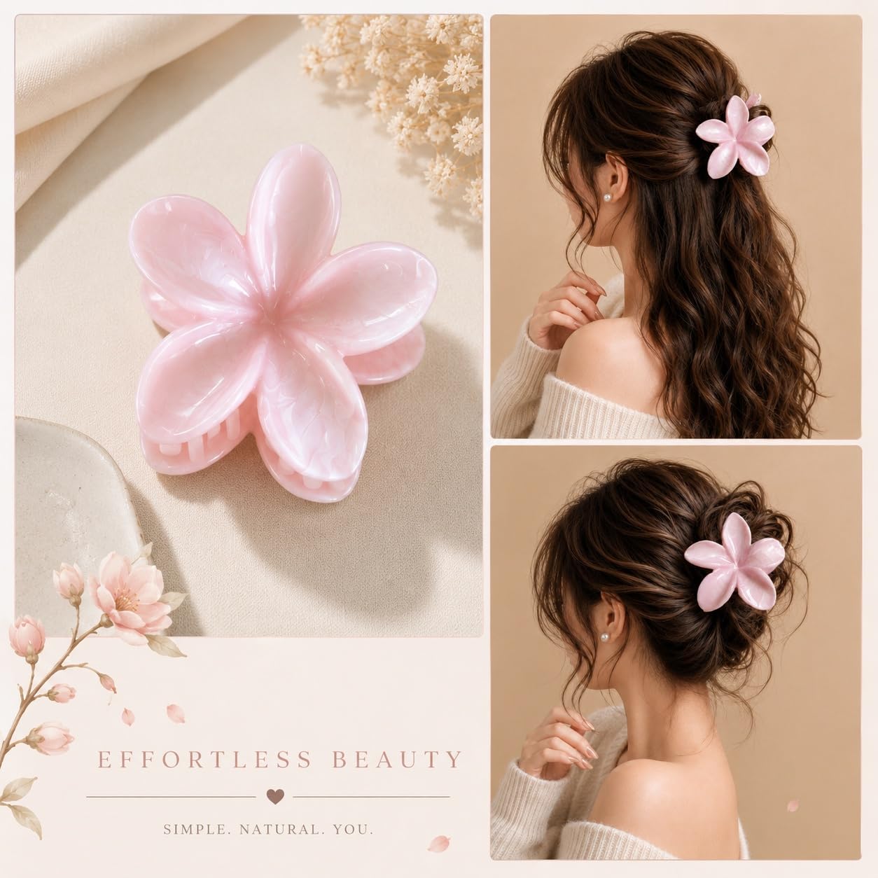 S.A.V.I Floral Hair Claw Clip for Women Baby Pink 8 cm | Frangipani Design, Glossy Acetate Finish, Strong Grip, Thick & Thin Hair, Lightweight