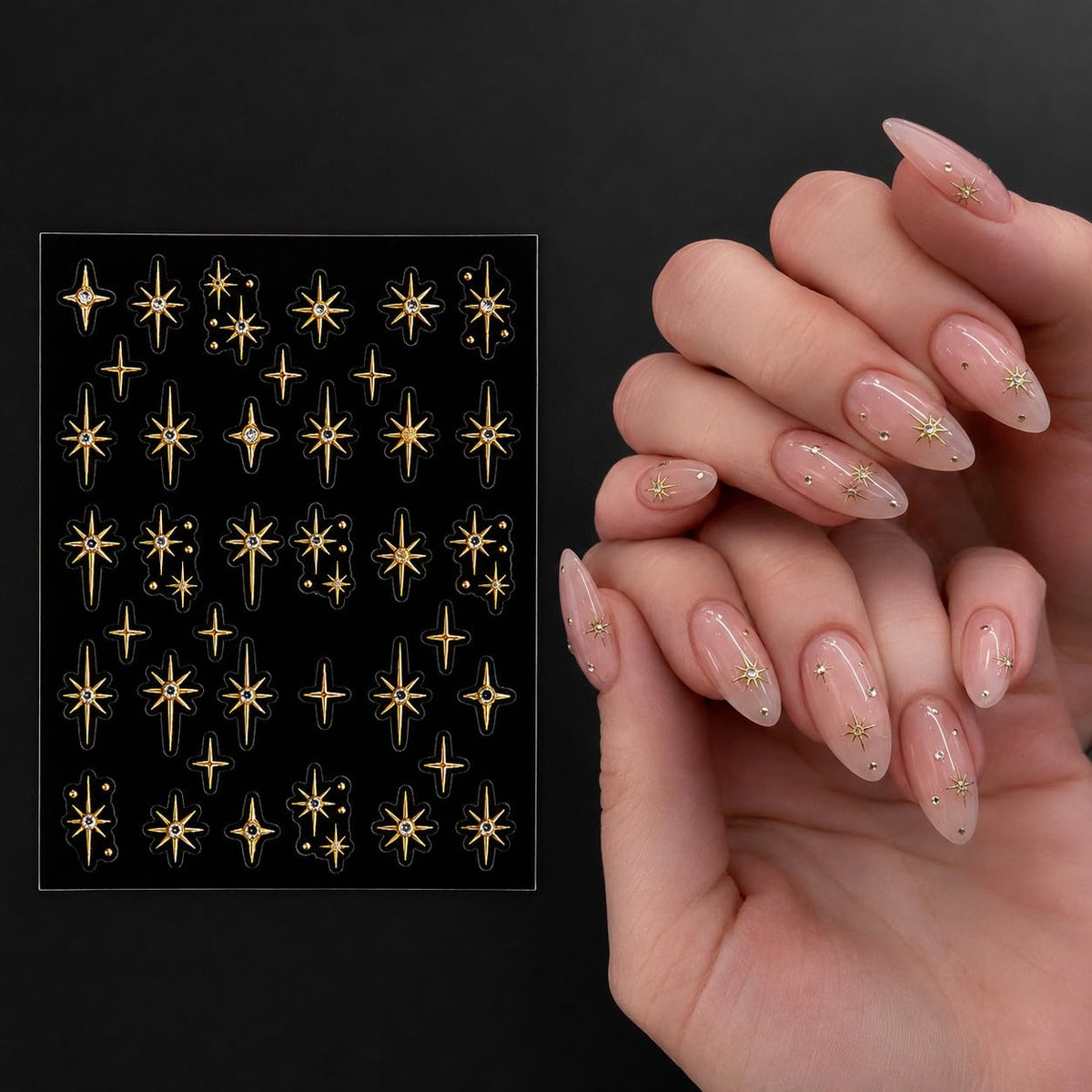 S.A.V.I 3D Star Nail Art Stickers with Rhinestones, Gold & Silver | Self Adhesive, 2 Sheets, 6 x 8 cm Each, DIY Manicure, Salon Style Finish