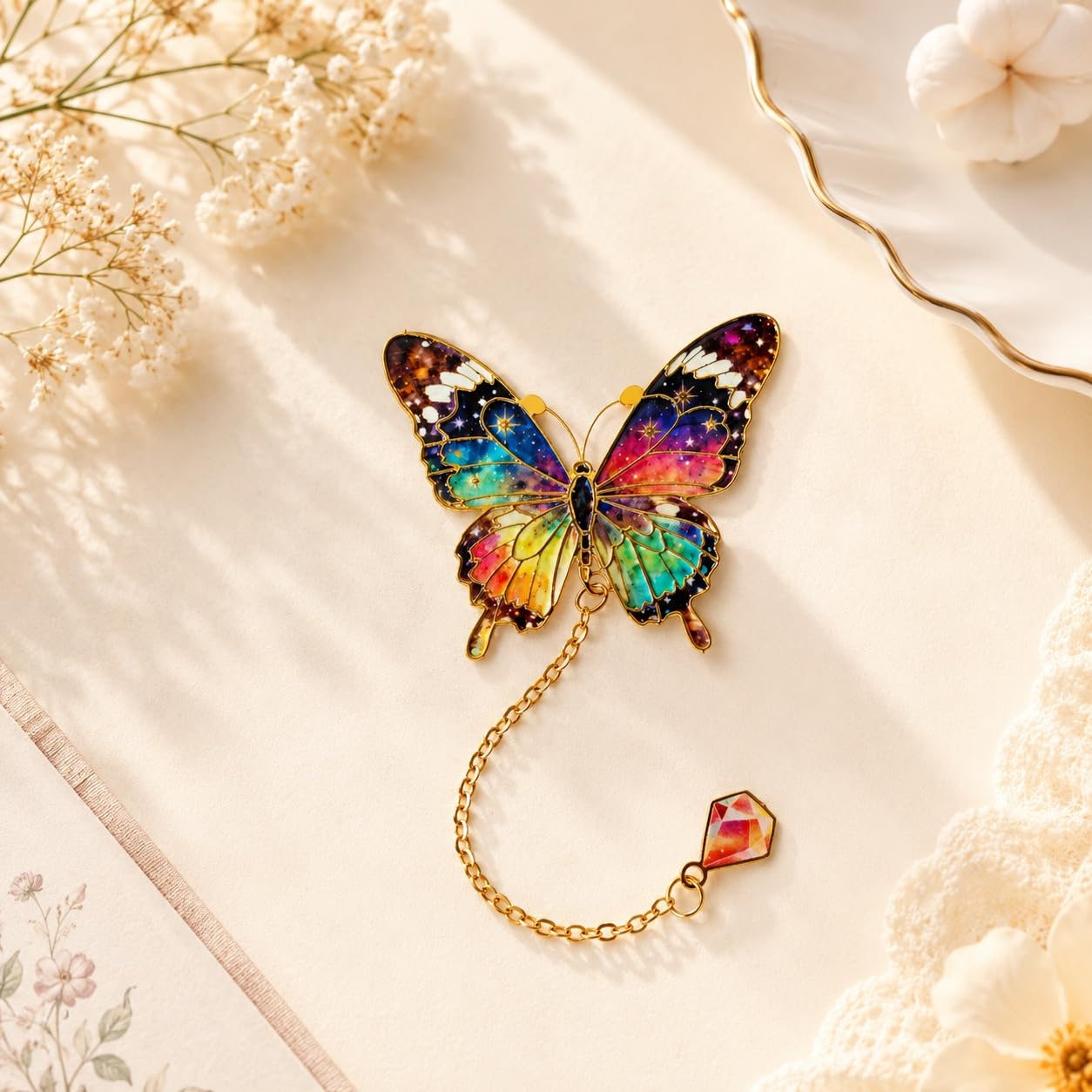 S.A.V.I Colorful Butterfly Metal Enamel Bookmark with Crystal Charm | Rainbow Finish, 5 cm Wings, 14 cm Dangle, Gold Chain Tassel, For Book Lovers, Women & Girls