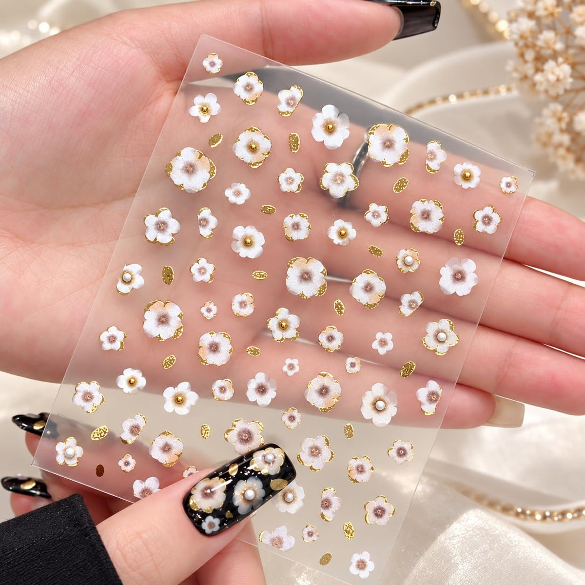 S.A.V.I 3D Floral Nail Art Stickers Self Adhesive Decals, 2 Sheets | White & Coffee Blossoms, Metallic Gold Detailing, Pearl Accents, DIY Manicure, 7 x 9 cm