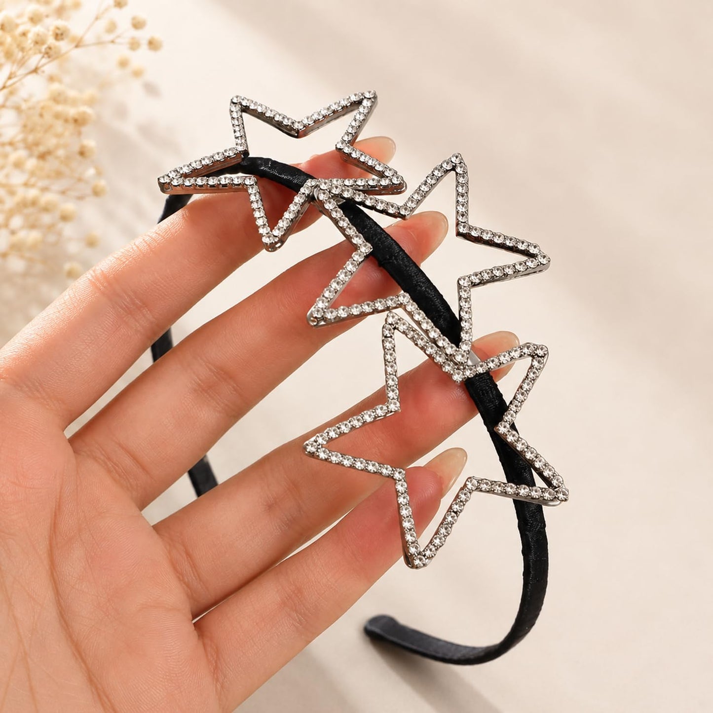 S.A.V.I Rhinestone Star Headband for Women & Girls, Black, Hollow-Out Crystal Design, Fabric Wrapped Band, 14 x 13 cm, Comfortable Fit for Party, Casual & Formal Wear
