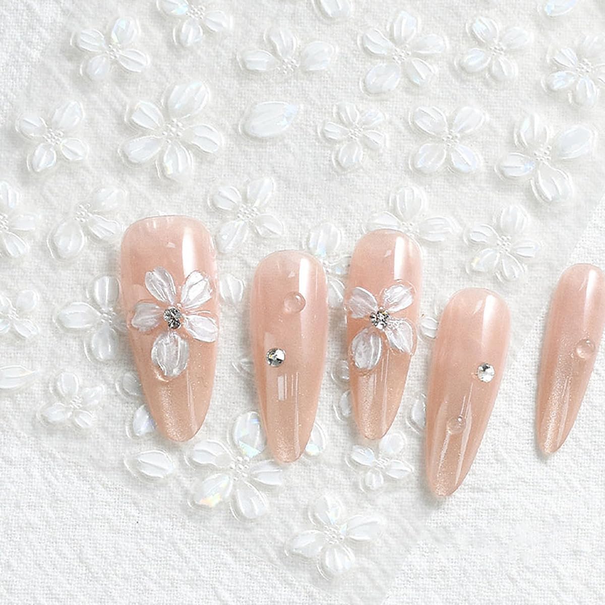S.A.V.I 4 Sheets - 3D Floral Nail Art Stickers – Pearl White & Pastel Pink Blue Acrylic Flower Designs, Self-Adhesive Sheets 7×9 cm for DIY Salon-Style Nails at Home