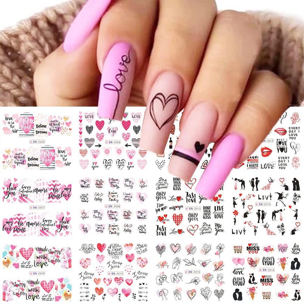 S.A.V.I 12 Sheets of DIY Nail Art Water Transfer Decals, Love, Heart, Miss You, Kisses Pattern, Nail Stickers, Nail Tattoo Stickers