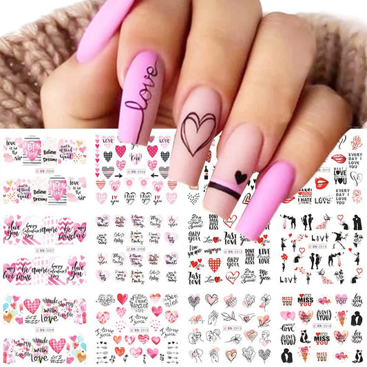 S.A.V.I 12 Sheets of DIY Nail Art Water Transfer Decals, Love, Heart, Miss You, Kisses Pattern, Nail Stickers, Nail Tattoo Stickers
