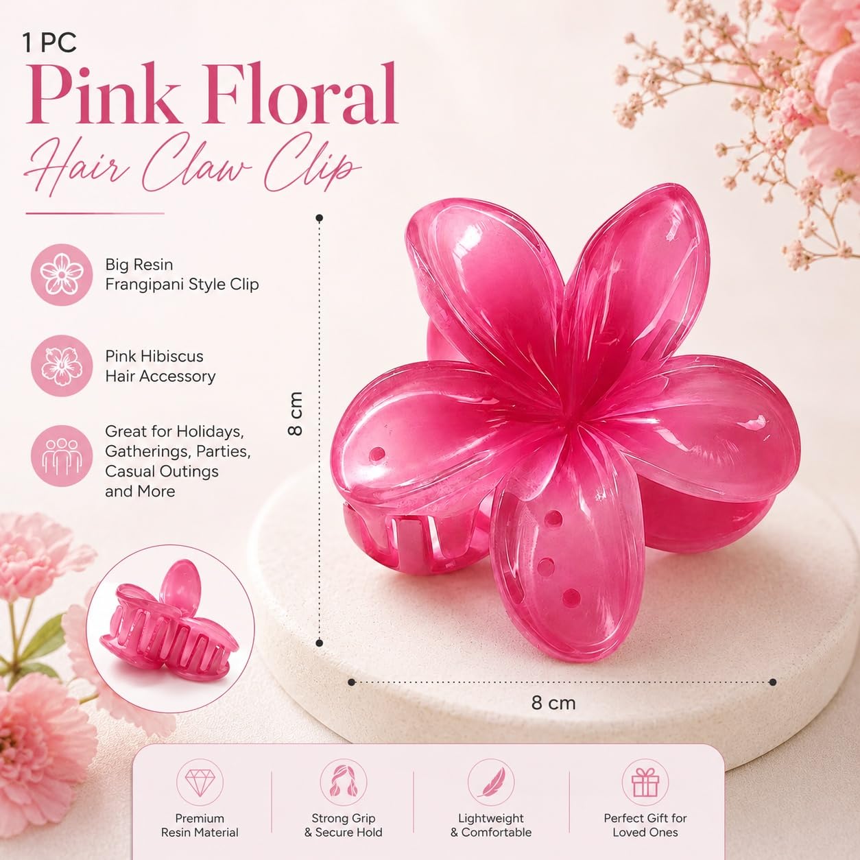 S.A.V.I Pink Floral Hair Claw Clip for Women, Resin, 8 cm | Frangipani Style, Strong Grip, Lightweight, Secure Hold, Casual & Party