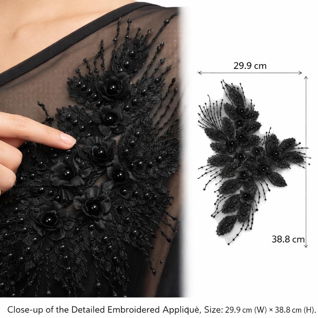 S.A.V.I Black 3D Floral Embroidered Sew-On Applique Patch 38.8 x 29.9 cm Beaded Mesh Lace Motif for Bridal Lehenga Saree Blouse Gown DIY Ethnic Craft (Black)