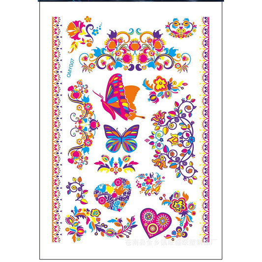 S.A.V.I Neon Temporary Tattoos, UV Color Tattoos For Men Women, Body Face Art, Flowers, Heart, Butterfly Tattoo Flash Fake Waterproof Tattoo Stickers, Size- 21x15CM