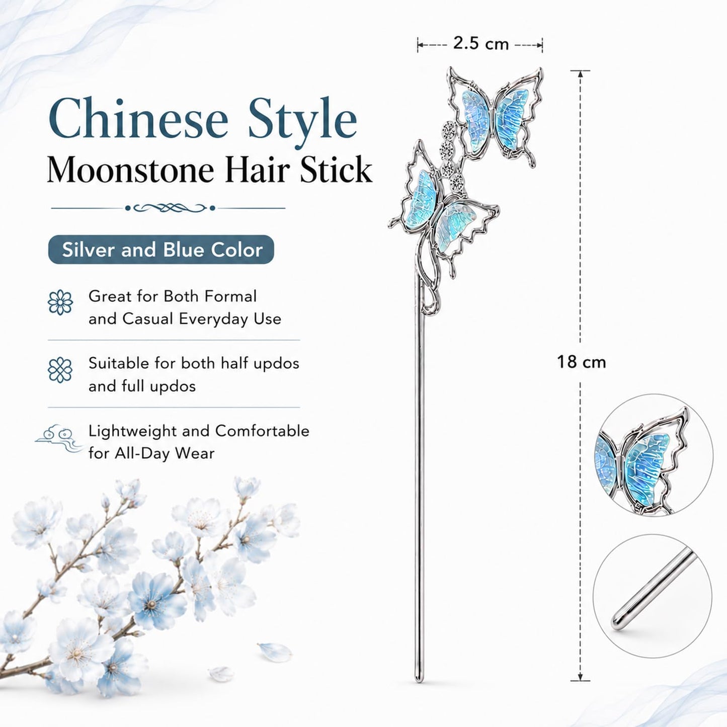 S.A.V.I Moonstone Butterfly Hair Stick Silver Blue 18 cm, Silver-Blue Alloy Bun Accessory, Lightweight, Elegant Updo Holder for Daily, Parties & Festive Looks