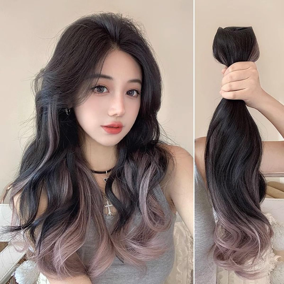 S.A.V.I 50cm Wavy Clip-In Hair Extension for Women | Natural Black & Dusty Pink Blonde Highlights | Dual-Tone Ombre Synthetic Hairpiece | Volumizing Half Head Long Hair Extension