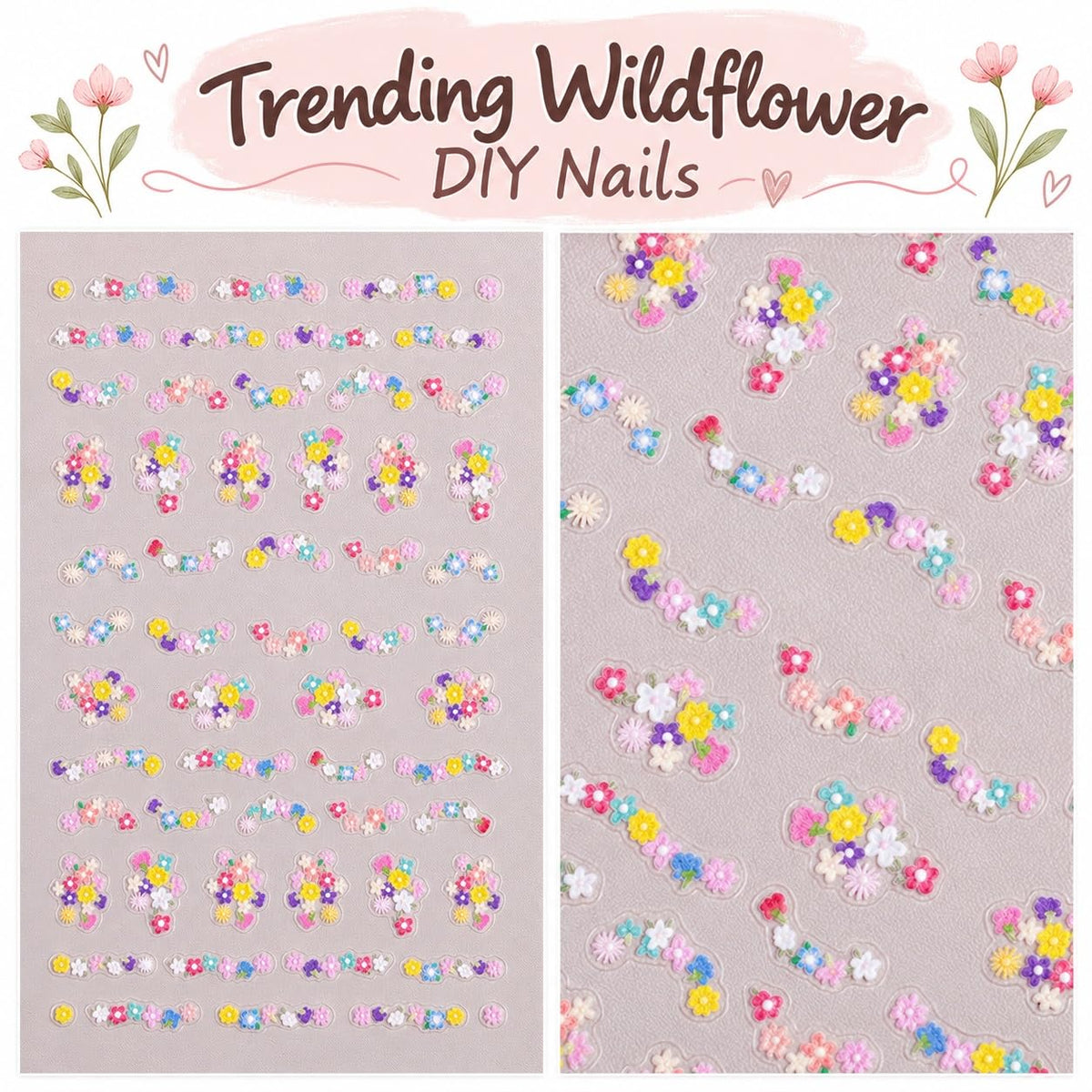 S.A.V.I 3D Floral Nail Art Stickers Self Adhesive Wildflower Decals | 2 Sheets, 6.5 x 10 cm, Embossed Design, Easy Peel and Apply, For Women and Girls