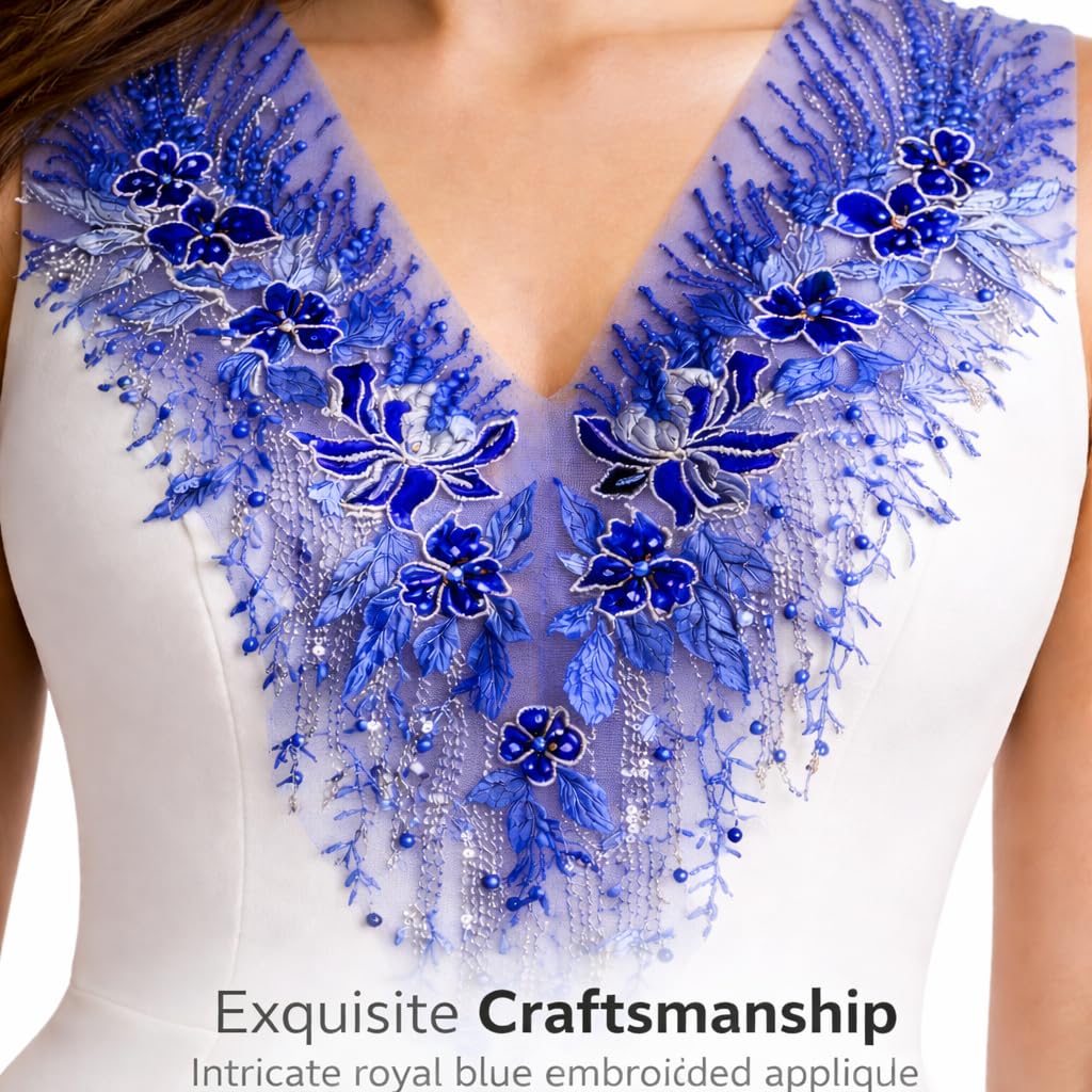 S.A.V.I Royal Blue Floral Appliqué Patch 28 x 55 cm | V Neck Triangle Design | Net Mesh Beaded Lace Motif for Blouse, Lehenga Choli, Anarkali & Gown (Royal Blue)