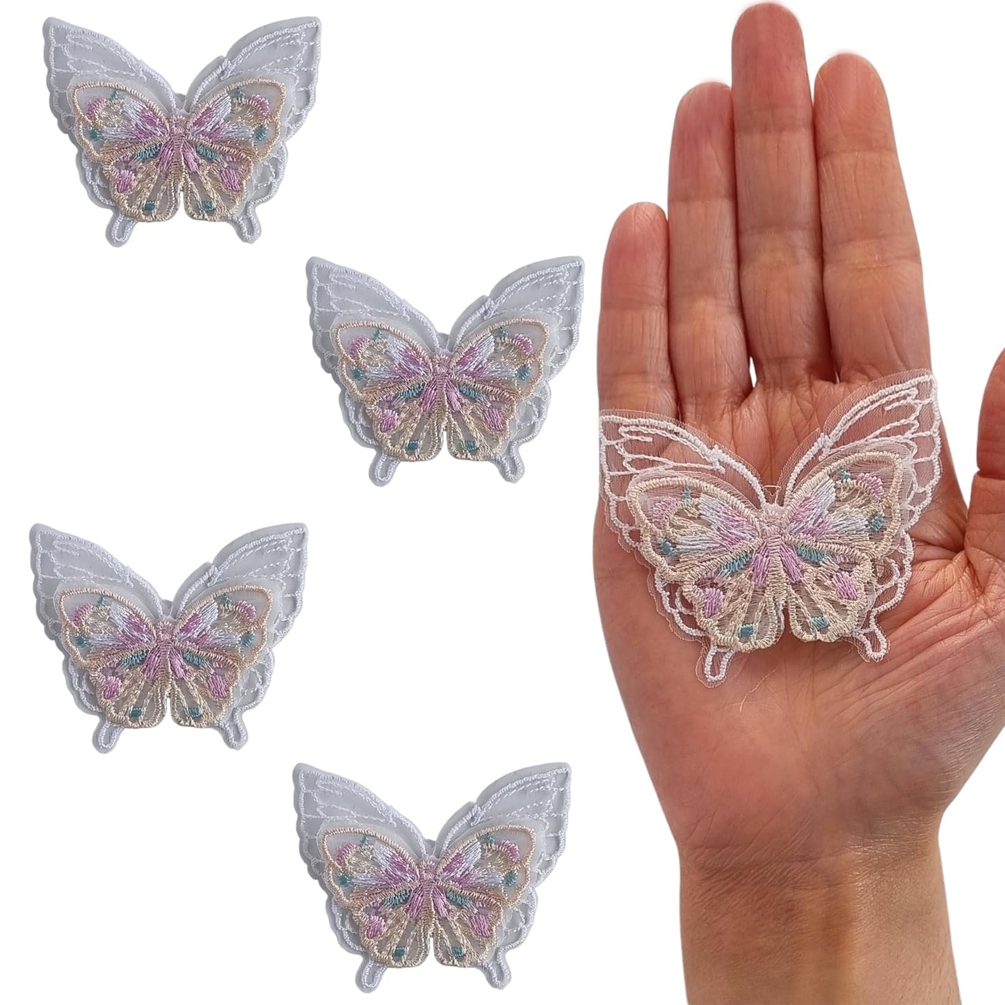 S.A.V.I 3D Butterfly Applique Patch – 4PCs Pastel Multicolor Mesh Lace, Embroidered Fabric for DIY Sewing, Bridal Wear, Lehenga, Saree, Blouse, Gown  Ethnic Craft – 6.5x5cm Sew-On Décor