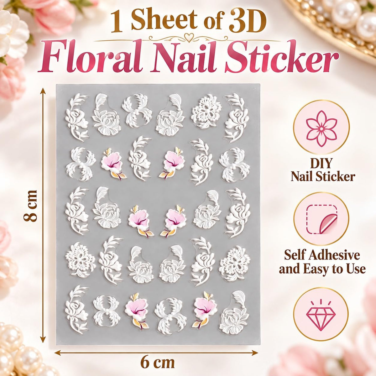 S.A.V.I 3D Floral Nail Art Stickers Self Adhesive Decals 6x8 cm | White & Pink Rose Designs, DIY Application, Bridal & Party Looks, 1 Sheet, For Women