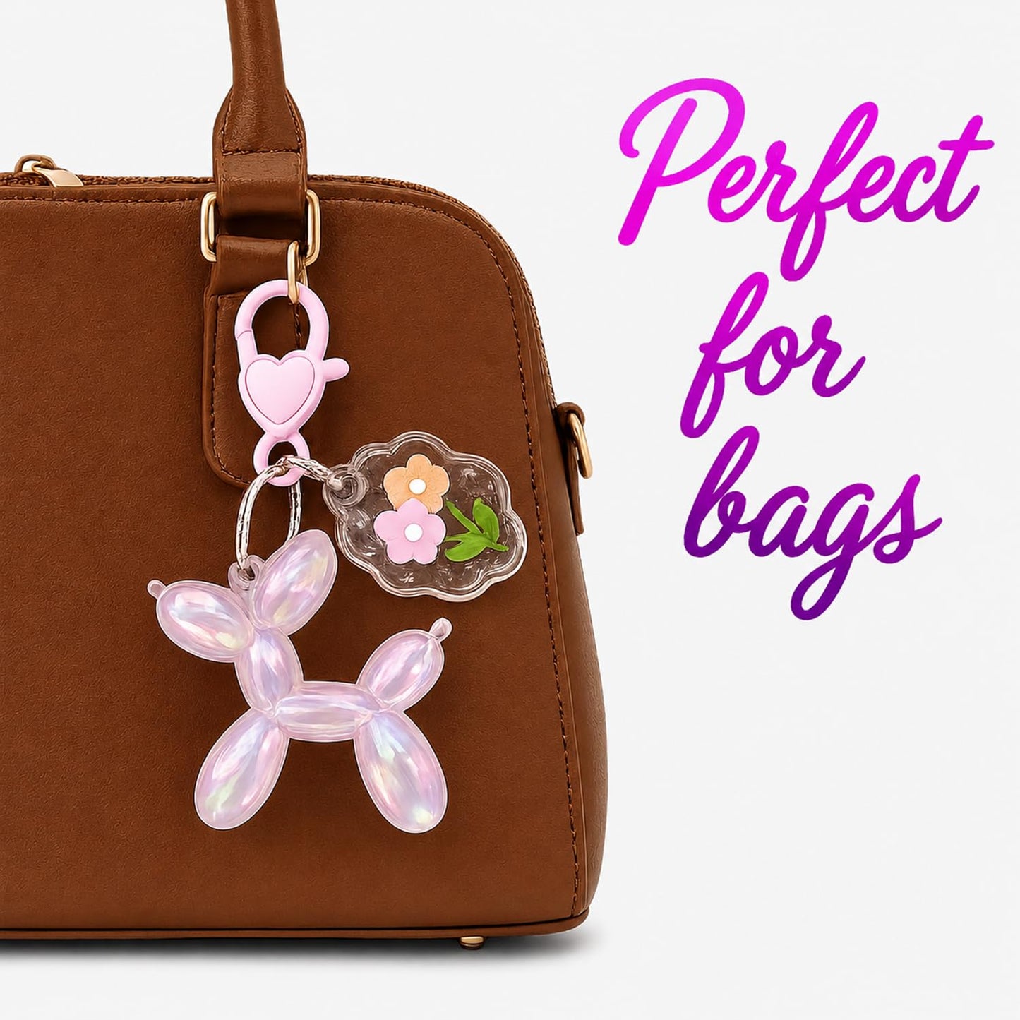 S.A.V.I Cute Balloon Dog Keychain Resin Bag Charm Pink Floral Pendant, Aurora Finish, 5.2 cm Lightweight Accessory with Heart Clasp, Durable Decorative Gift for Women, Girls, Handbags & Keys
