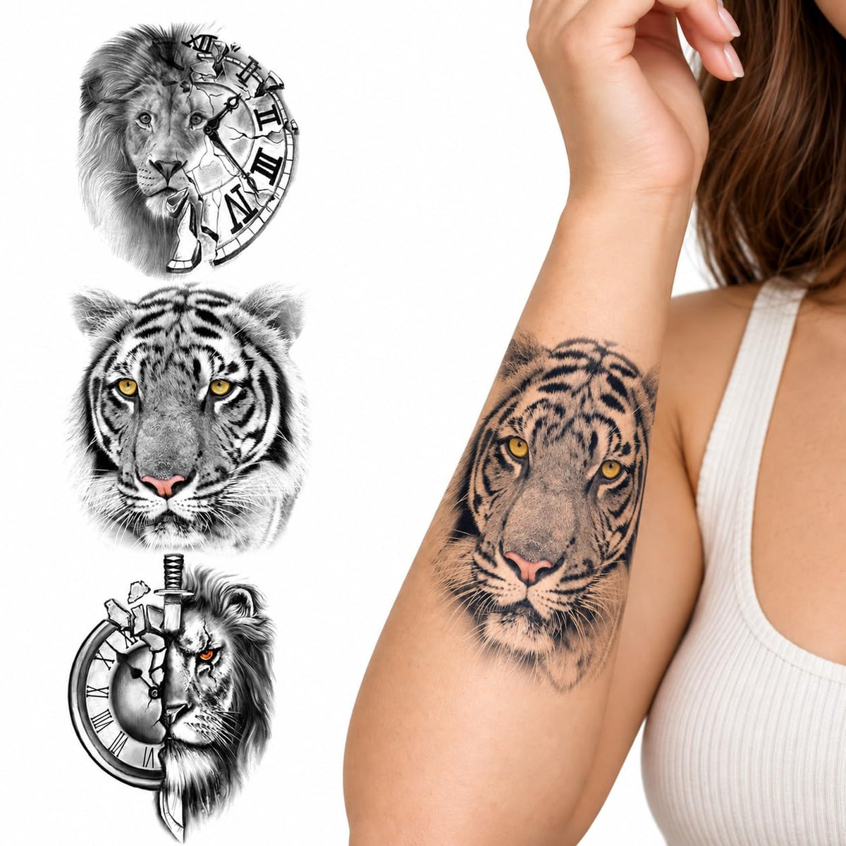 S.A.V.I Temporary Tattoo Tiger Lion Body Art, 3 Sheets, 15x21 cm