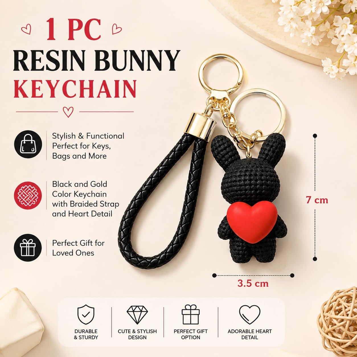 S.A.V.I Resin Bunny Keychain with Braided Wrist Strap, Black-Gold | 7 cm Resin Pendant, for Handbags & Backpacks, for Women & Girls, Bag Charm