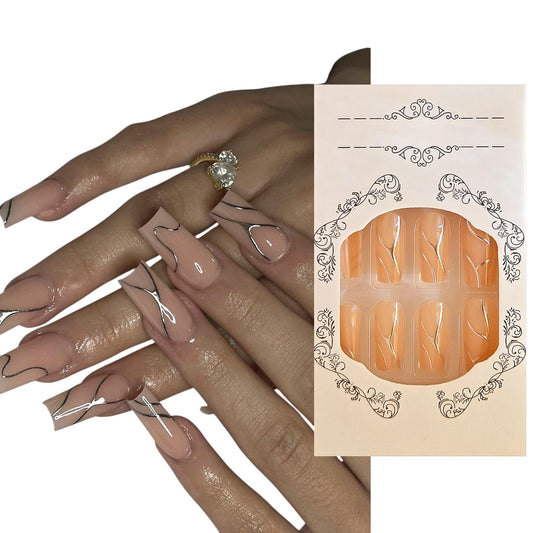 S.A.V.I 24 Pcs Long Square Press On Nails for Women | Glossy Nude Finish with 3D Silver Chrome Wave Design | Reusable Acrylic False Nails Set with Glue & Adhesive Tabs