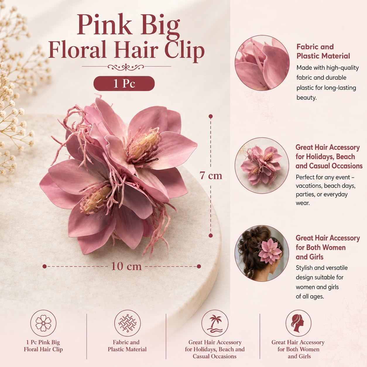 S.A.V.I Pink Floral Hair Clip for Women & Girls, 10 cm | Large Flower Barrette, Fabric & Plastic, Secure Hold, Beach, Party, Wedding, 1 Piece