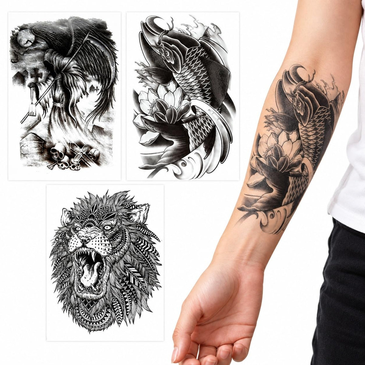 S.A.V.I 3pcs Temporary Tattoo Stickers, Grim Reaper, Koi Fish & Tribal Lion