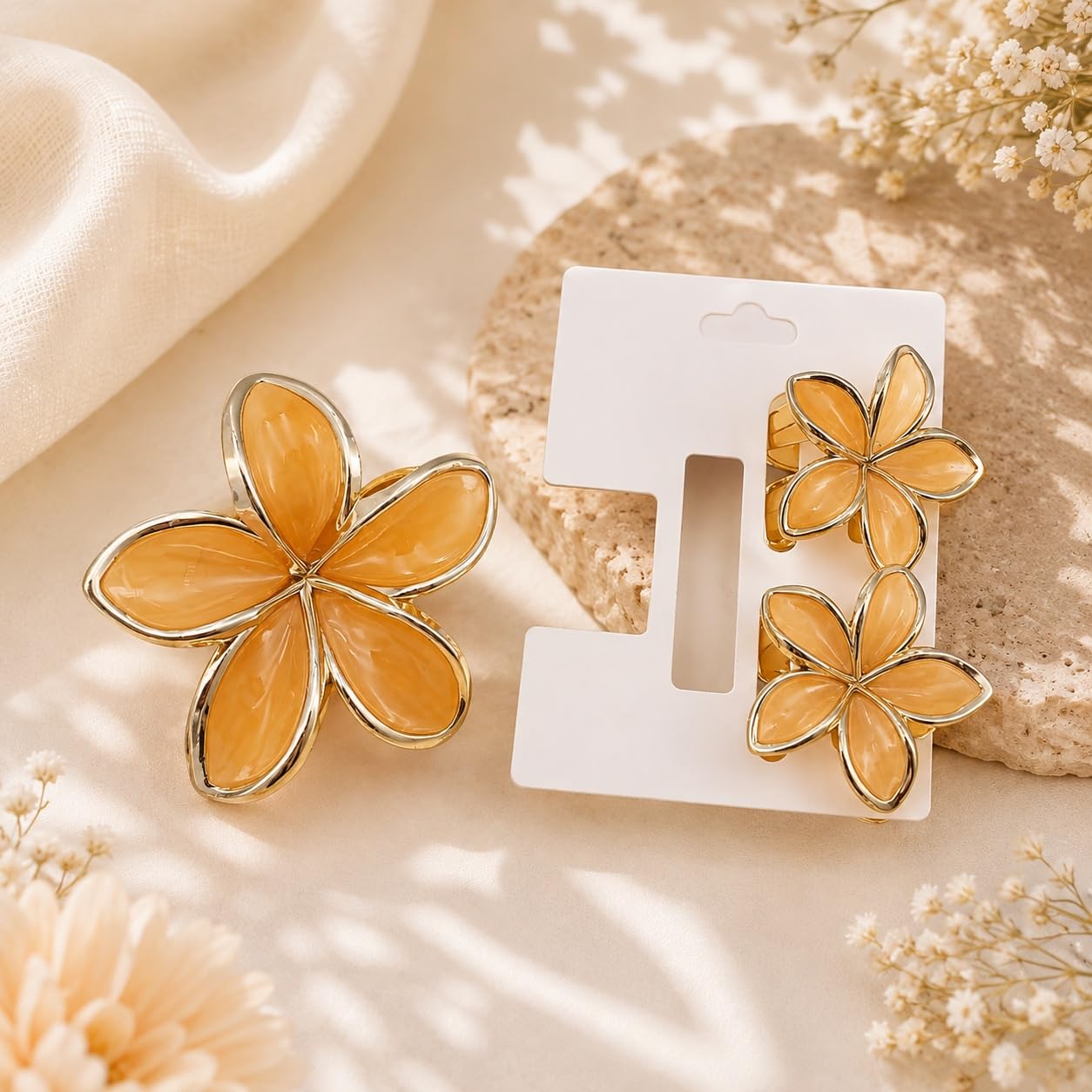 S.A.V.I Floral Hair Claw Clips in Light Orange, Set of 3 | 1 Large + 2 Small, Resin Finish, Strong Grip, All Hair Types, Party & Casual Wear