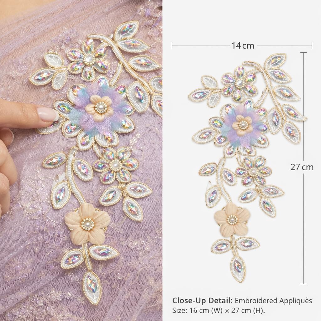 S.A.V.I Platinum Pastel Lavender Floral Vine Embroidered Applique Sew-On Patch, 27 x 14 cm, Beaded Pearl & Stone Work for Ethnic, Bridal & Evening Crafting (Left, Platinum, OneSize)