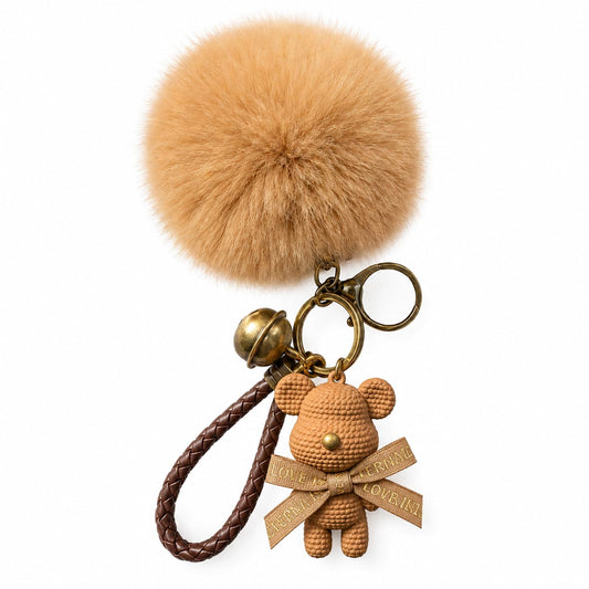S.A.V.I Teddy Bear Pom Pom Keychain for Women, Faux Fur Bag Charm, Brown, Light Brown | 13.5 cm | Soft Fluffy Plush, Braided Strap, Bell Charm, Secure Clasp, Handbag & Backpack Accessory