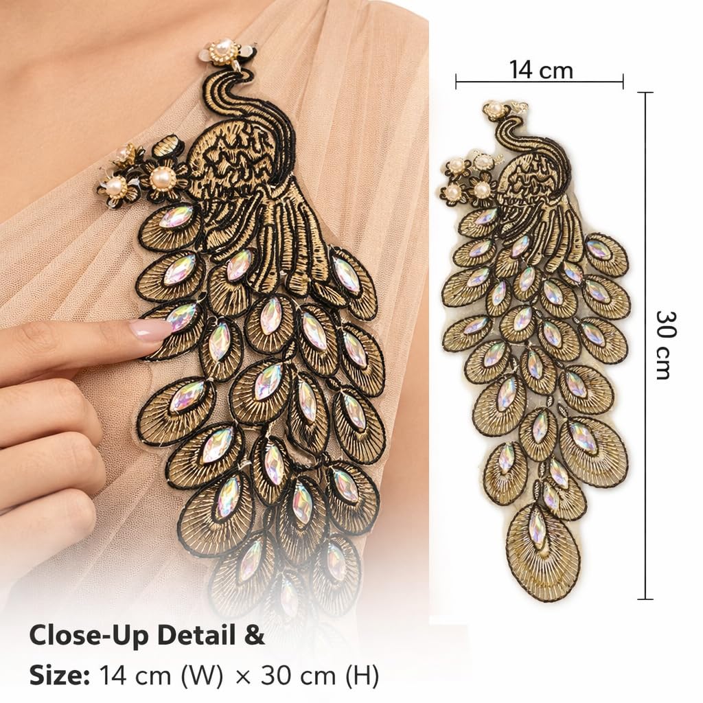 S.A.V.I Gold & Black Peacock Embroidered Sew-On Appliqué Patch 14x30 cm | Zardozi Threadwork with Crystal Stones | Designer Blouse Saree Kurti Gown Decoration (Left, Black & Gold, OneSize)