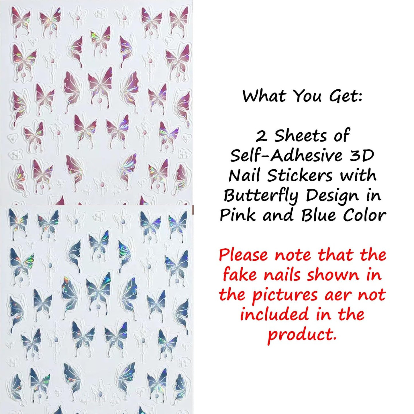S.A.V.I 2 Sheets - 3D Butterfly Nail Art Stickers, Pink & Blue Holographic Self-Adhesive Decals, Waterproof Acrylic Decorations for Women and Girls