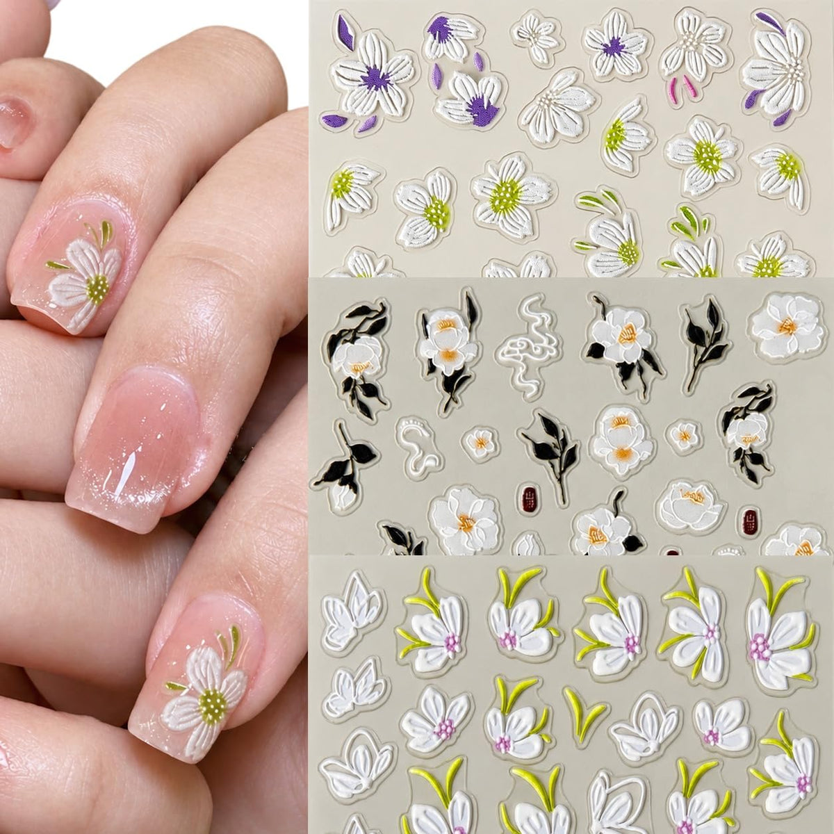 S.A.V.I 5D Floral Nail Art Stickers Self Adhesive 3D Flower Decals | Set of 3 Sheets, Embossed Patterns, Black Accents, 6 x 10 cm, DIY Manicure