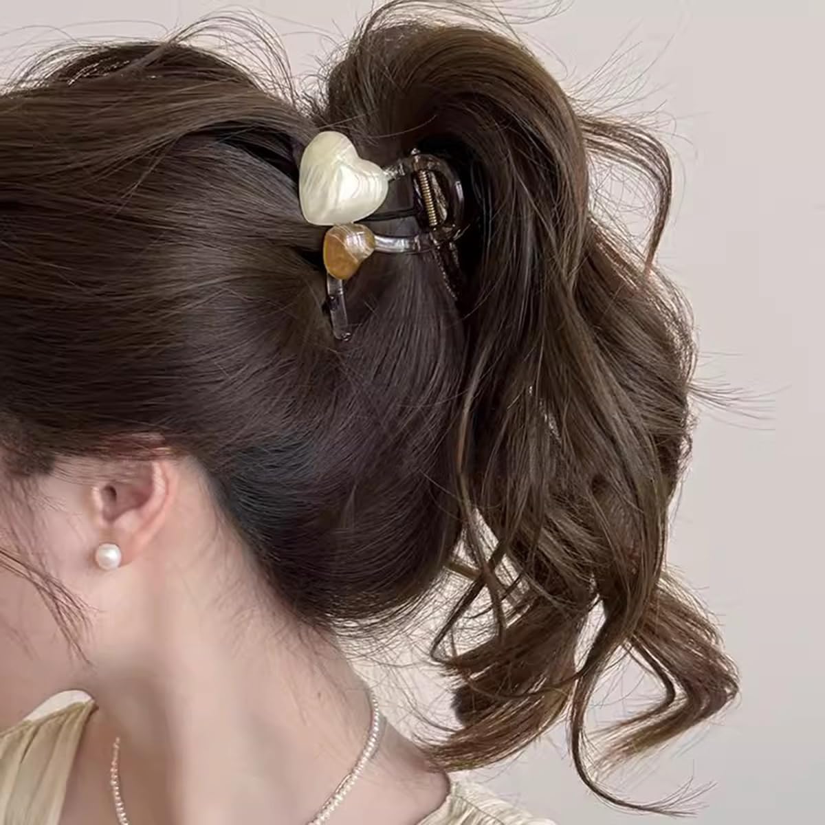 S.A.V.I Heart Design Hair Claw Clip for Women & Girls | White & Brown Marble Look Acrylic Clutcher | 8cm Strong Grip Stylish Hair Accessory for Daily & Party