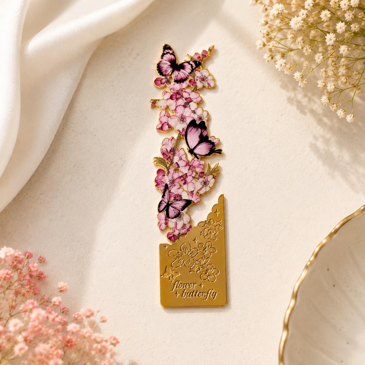 S.A.V.I Metal Bookmark Pink Gold Butterfly Floral Design, 10x3 cm | Durable Alloy, Page Holder, Reading Accessory, Peach Blossom Theme, For Women & Students
