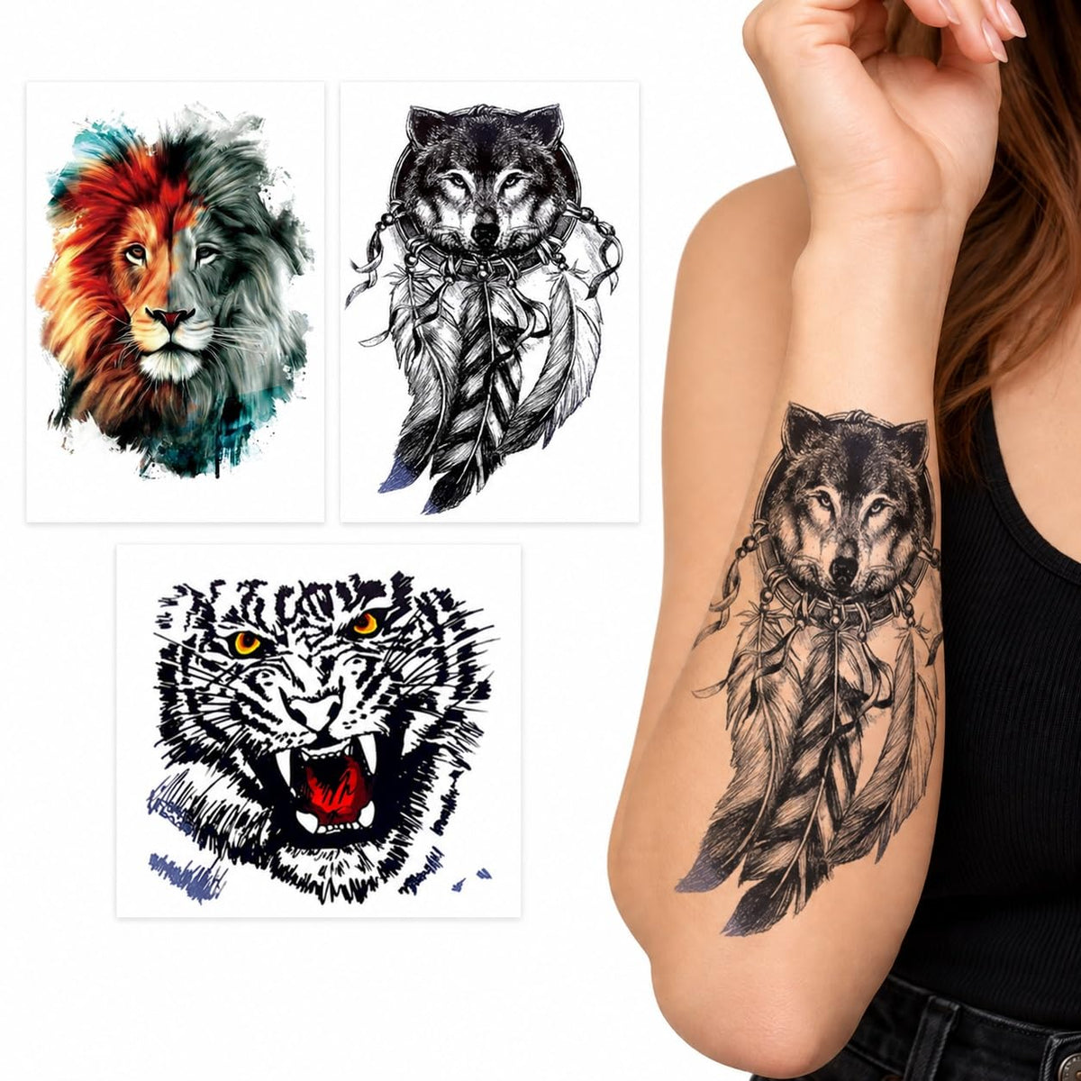 S.A.V.I Temporary Tattoo Stickers Wolf, Lion & Tiger, 3 Sheets