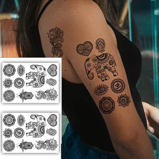 S.A.V.I 2 Sheets, Elephant  Peacock Feather Temporary Tattoo Stickers, Hamsa Mandala Om Design, 21x15 cm, for Women  Girls