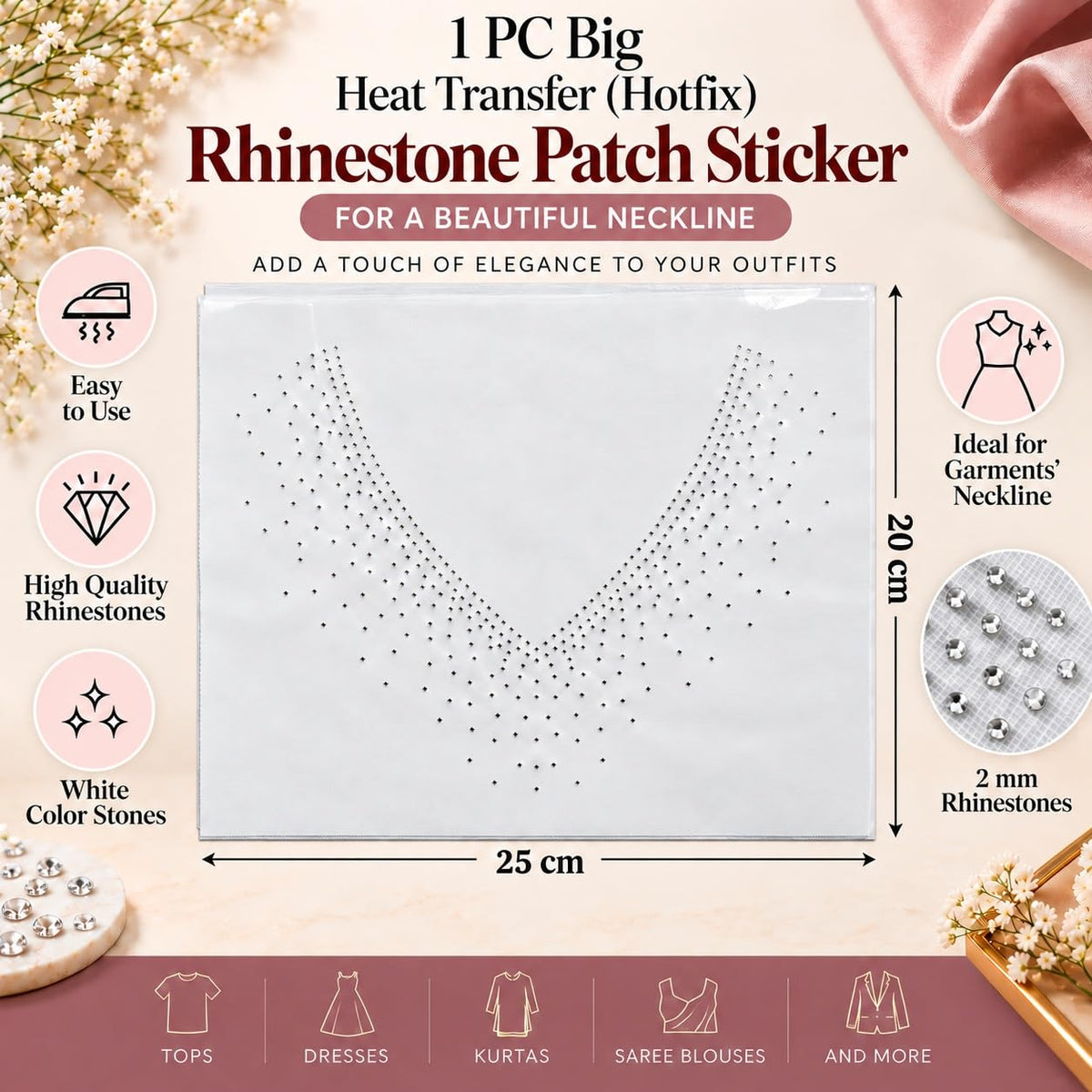 S.A.V.I Rhinestone Hotfix Neckline Patch White 2mm, 25x20cm