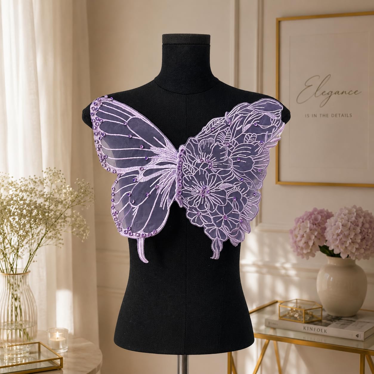 S.A.V.I Butterfly Embroidery Patch Sew-On Rhinestones Applique Purple Mesh|Ultra Thin 35x32 cm Floral Lace Design for Kaftan, Dress, Blouse & Tops, Lightweight Decorative Craft Embellishment for Women