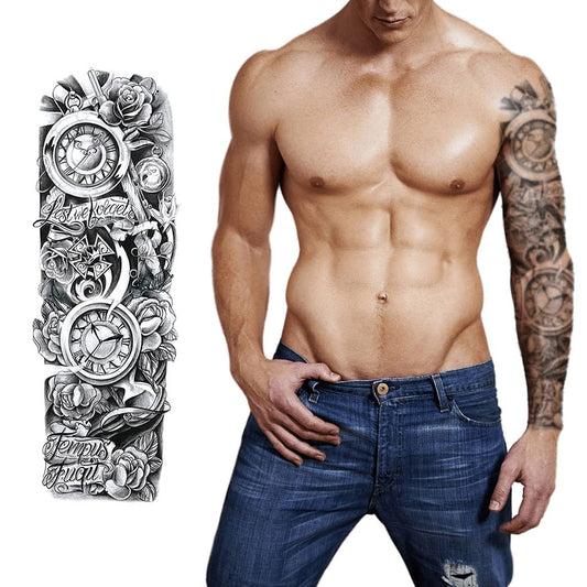 S.A.V.I Full Arm Tattoo, Ancient Old Clock Temporary Tattoo Sticker, Size 48x17CM