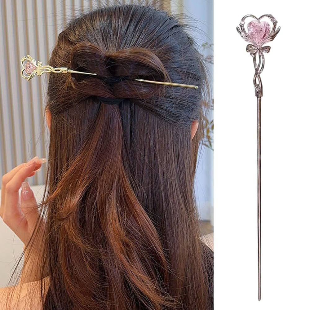 S.A.V.I Silver Hair Bun Stick Pin for Women & Girls | 18.2cm Metal Hairpin with Pink Heart Rhinestone | Butterfly Bow Design | Stylish Juda Stick for Party, Wedding, Traditional Look