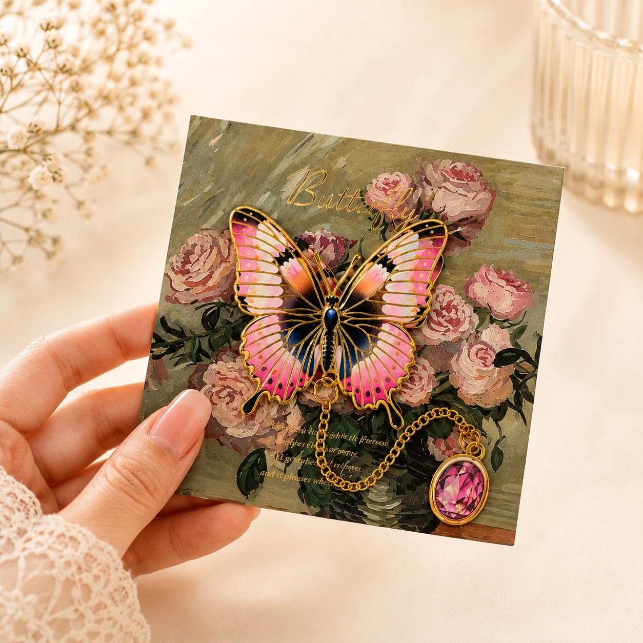 S.A.V.I Butterfly Metal Bookmark Pink & Gold Enamel, 5x14 cm | Colorful Enamel Finish, Gold Chain Tassel, Creative Design, For Women & Students, Reading Accessory