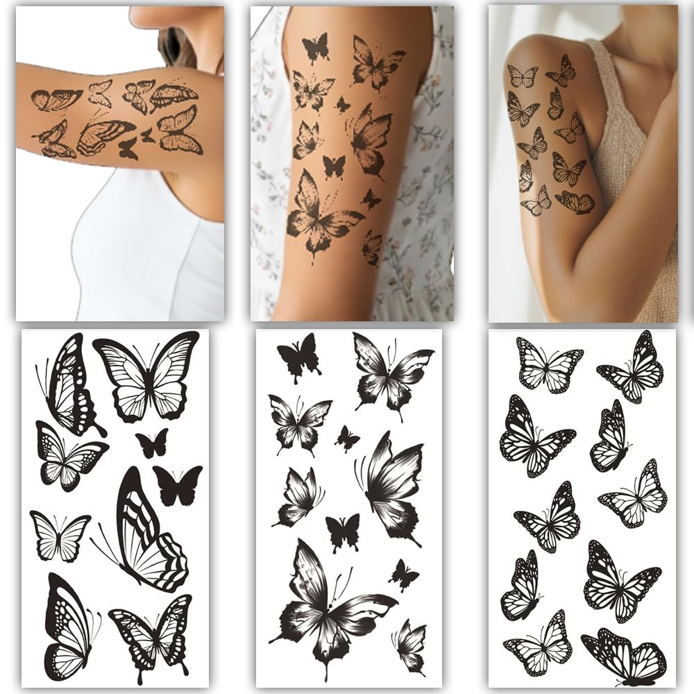 S.A.V.I 3 Sheets Large Black Butterfly Temporary Tattoos for Women & Girls – Safe, Non-Toxic, Waterproof Body Art Stickers 21x10 cm – Realistic Easy Apply Arm, Shoulder & Back Designs