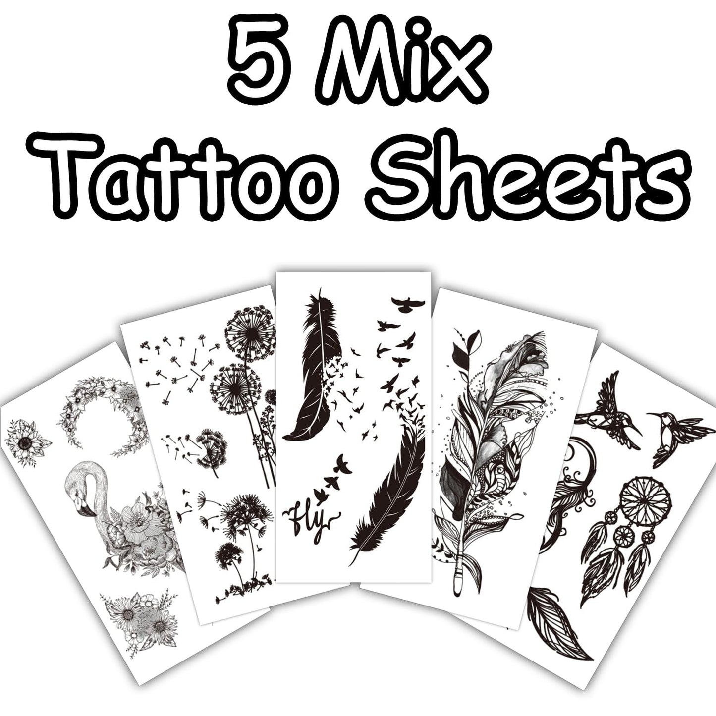 S.A.V.I 5 Mixed Design Sheets | Safe Non-Toxic Black Feather & Floral Temporary Tattoo Stickers for Women & Girls | Waterproof, Easy to Apply | (10.5x6 cm) for Wrist, Shoulder, Back & Arm (58)
