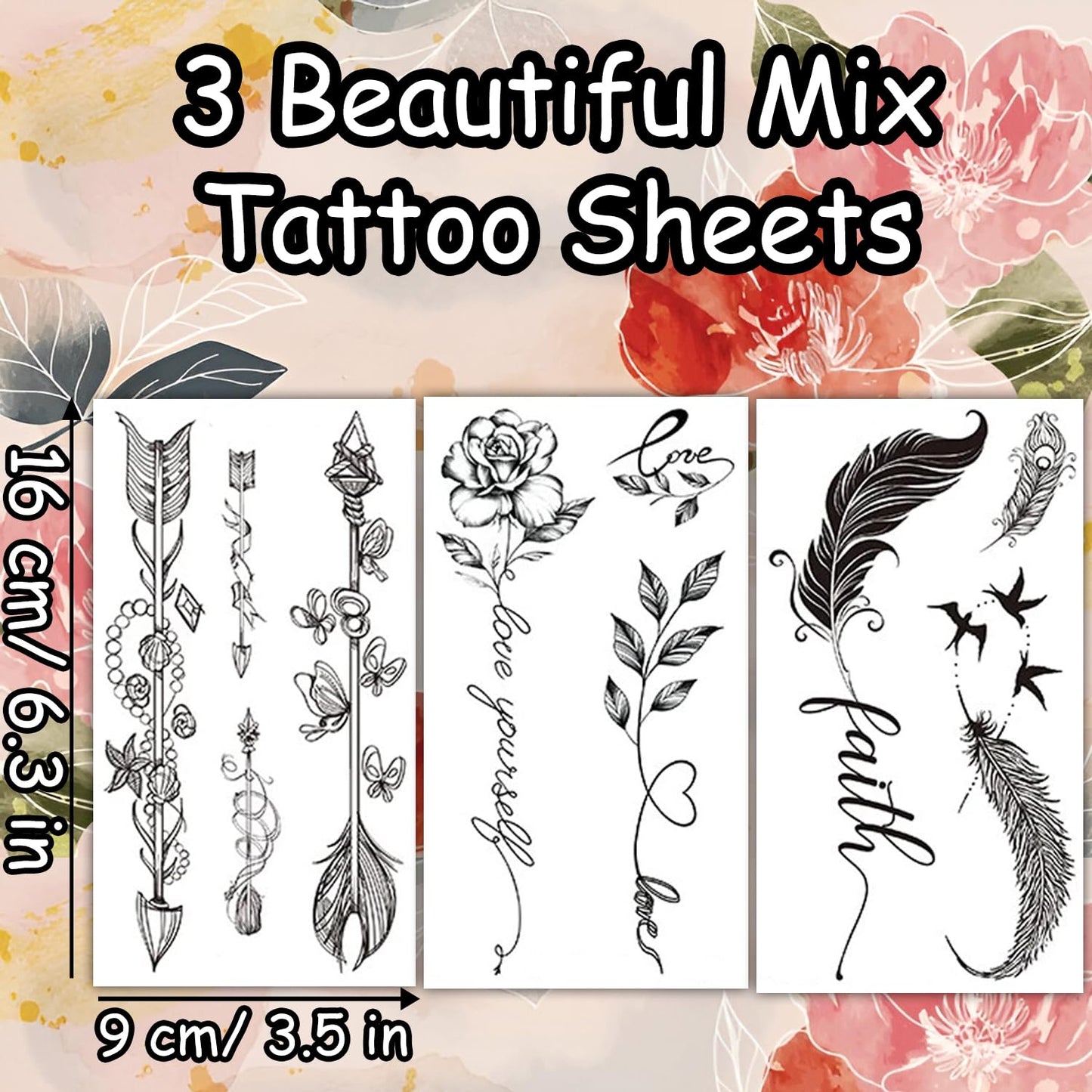 S.A.V.I 3 Pcs Black Temporary Tattoo Sheets for Women & Girls – 16x9cm Safe Non-Toxic Waterproof Body Art with Floral, Arrow & Feather Designs – Easy to Apply & Remove (07)