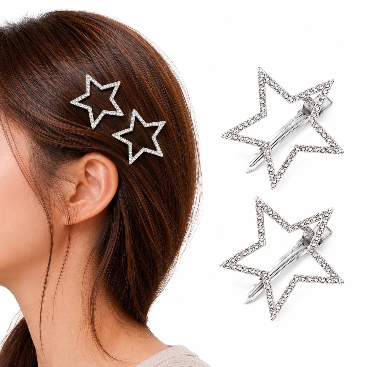 S.A.V.I Star Hair Clips for Women & Girls, Rhinestone Silver 4cm | 2 Pc Metal Barrettes, Crystal Embellishment, Strong Hold, Daily & Parties