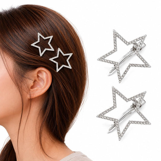 S.A.V.I Star Hair Clips for Women & Girls, Rhinestone Silver 4cm | 2 Pc Metal Barrettes, Crystal Embellishment, Strong Hold, Daily & Parties