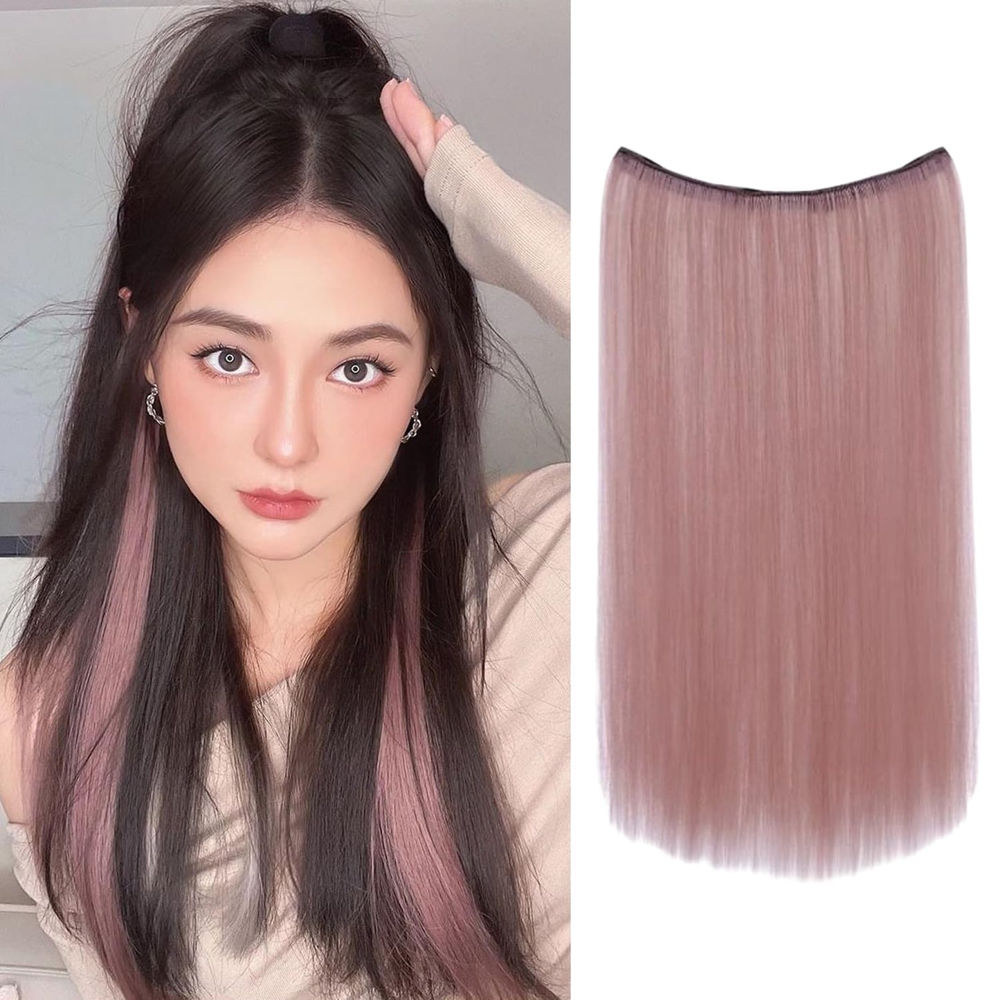 S.A.V.I Dirty Pink Clip-In Hair Extension 60 cm | Synthetic Silk Fiber Hair Patch for Women | Invisible 4-Clip One Piece | Seamless Straight Layered Highlight Streaks | Instant Volume & Length