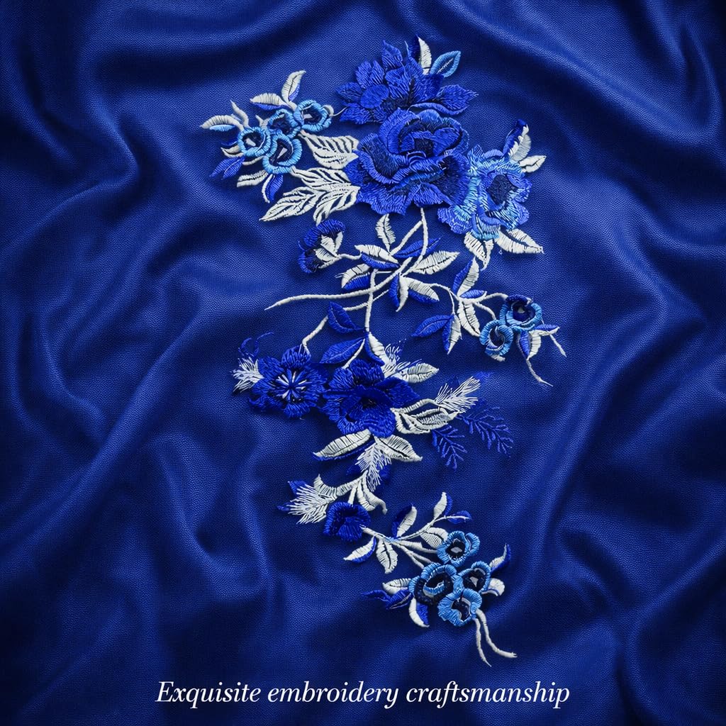 S.A.V.I Royal Blue Floral Lace Applique Patch 21 x 50 cm | Net Fabric Rose Design | Sew-On Embellishment for Saree, Gown, Lehenga & Blouse (Royal Blue)